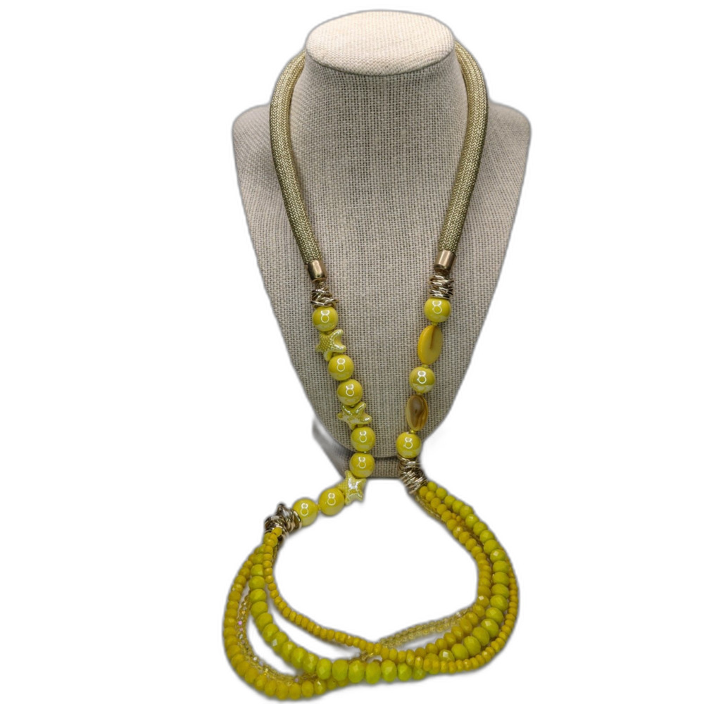 Asymmetrical Yellow Necklace Statement Beaded Starfish Gold Mesh Kidcore Fairy